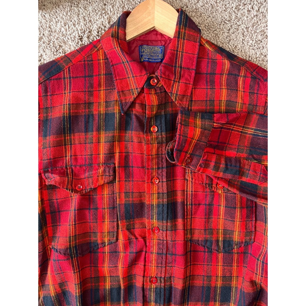 Vintage Pendleton Wool Flannel Shirt Red Black Plaid Quilted Lined Mens 15.5 M
